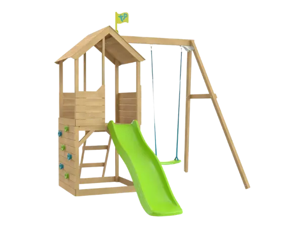 Gotowy zestaw Treehouse: ścianka wspinaczkowa, huśtawka i zjeżdżalnia